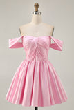 Pink Off The Shoulder Ruched Short Homecoming Dress