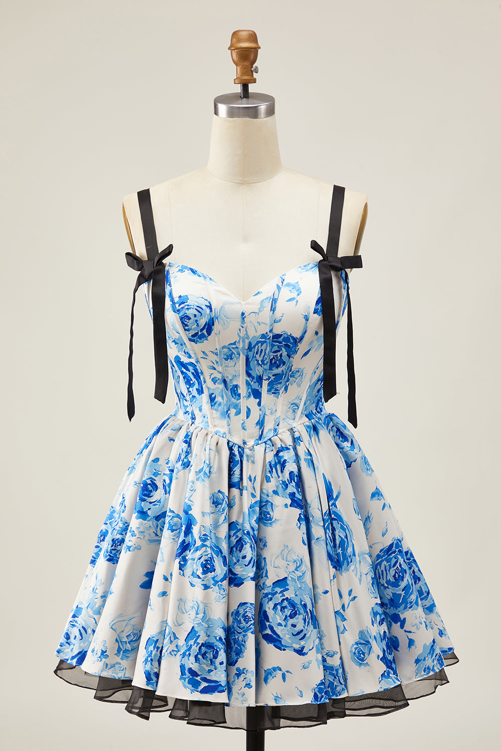 White Blue Floral Corset A Line Short Homecoming Dress