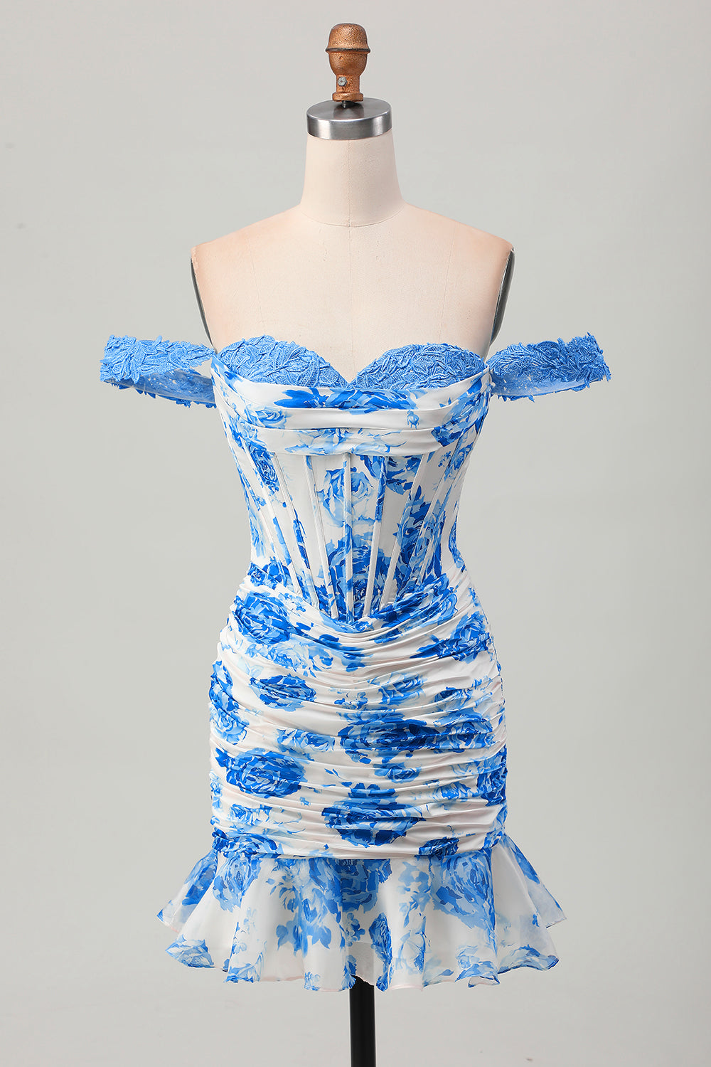White Blue Flower Off the Shoulder Corset Satin Homecoming Dress with Ruffles