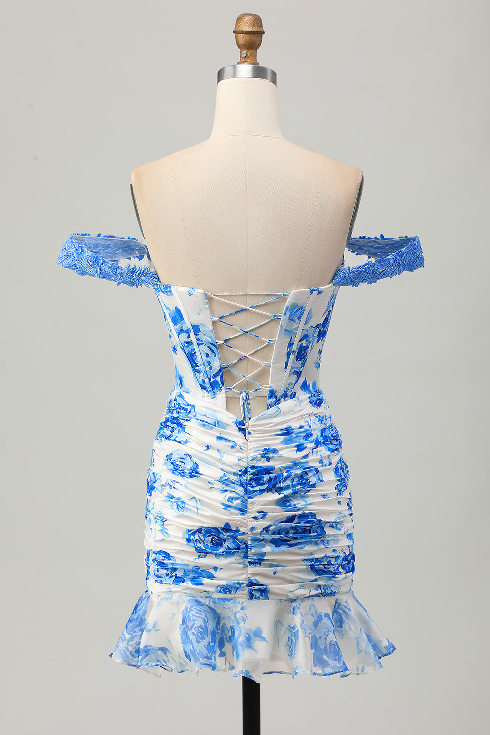 White Blue Flower Off the Shoulder Corset Satin Homecoming Dress with Ruffles