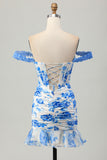 White Blue Flower Off the Shoulder Corset Satin Homecoming Dress with Ruffles