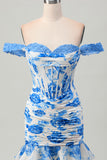 White Blue Flower Off the Shoulder Corset Short Homecoming Dress with Ruffles