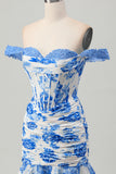 White Blue Flower Off the Shoulder Corset Short Homecoming Dress with Ruffles