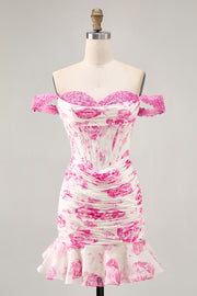Off the Shoulder Ruffled White Fuchsia Flower Corset Short Homecoming Dress