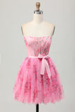 Pink Flower Strapless Corset Short Homecoming Dress with Bow