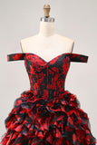 Off The Shoulder Beaded Black Red A Line Ruffled Homecoming Dress