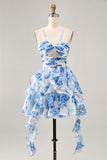 Tiered White Blue Flower A Line Cut Out Halter Printed Homecoming Dress