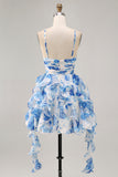 Tiered White Blue Flower A Line Cut Out Halter Printed Homecoming Dress