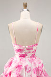 Tiered White Blue Flower A Line Cut Out Halter Printed Homecoming Dress
