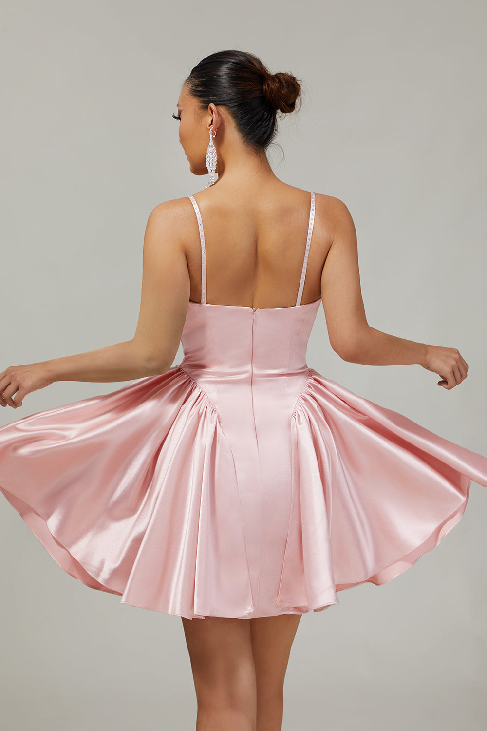Blush Cowl Neck A-Line Spaghetti Straps Beaded Satin Homecoming Dress
