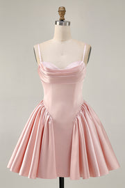 Blush Cowl Neck A-Line Spaghetti Straps Beaded Satin Homecoming Dress