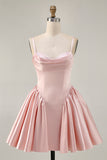 Blush Cowl Neck A-Line Spaghetti Straps Beaded Satin Homecoming Dress