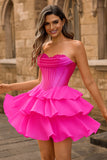 Strapless Fuchsia Corset Tiered A Line Short Homecoming Dress