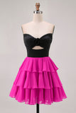 Black Fuchsia Tiered Strapless A Line Cut Out Homecoming Dress
