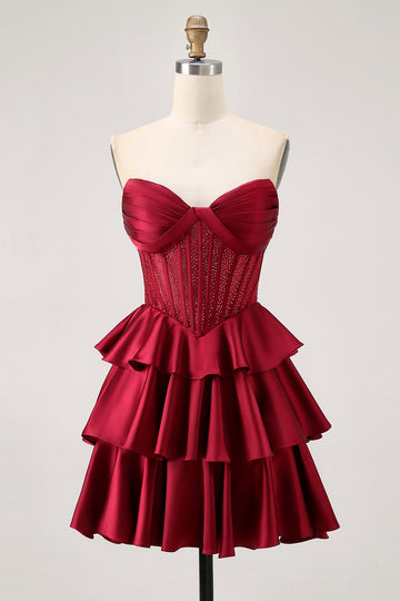 Strapless A Line Tiered Satin Burgundy Homecoming Dress