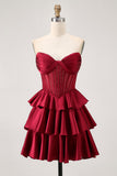 Strapless A Line Tiered Satin Burgundy Homecoming Dress