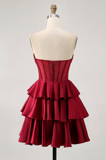 Strapless A Line Tiered Satin Burgundy Homecoming Dress