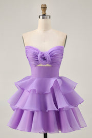 Tiered Cute A-Line Strapless Cut Out Purple Homecoming Dress