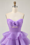 Tiered Cute A-Line Strapless Cut Out Purple Homecoming Dress
