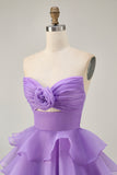 Tiered Cute A-Line Strapless Cut Out Purple Homecoming Dress