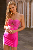 Strapless Cut Out Fuchsia Beaded Tight Homecoming Dress