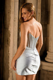 Grey Silver Strapless Corset Ruched Homecoming Dress with Beading