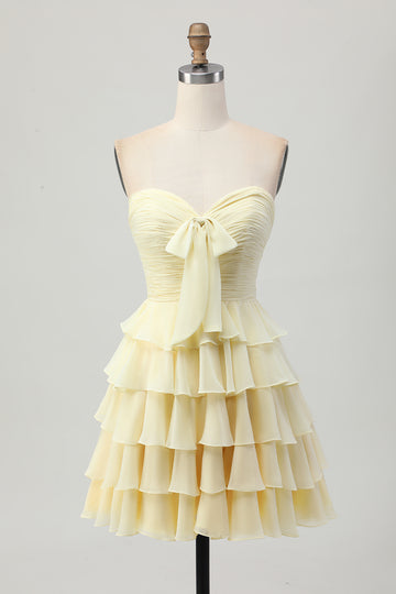 Yellow Strapless A Line Tiered Homecoming Dress with Bow