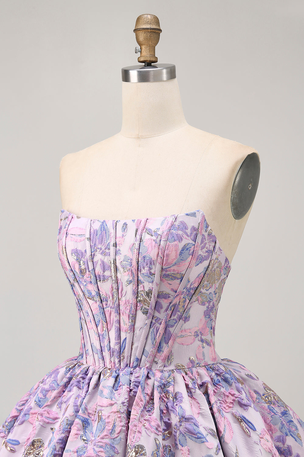 Purple Strapless Brocade A-Line Corset Mini Homecoming Dress with Bubble-Hem