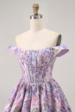Off The Shoulder Brocade Floral A Line Printed Purple Homecoming Dress