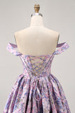 Off The Shoulder Brocade Floral A Line Printed Purple Homecoming Dress