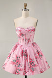 Pink Flower A-Line Strapless Printed Homecoming Dress with Beading