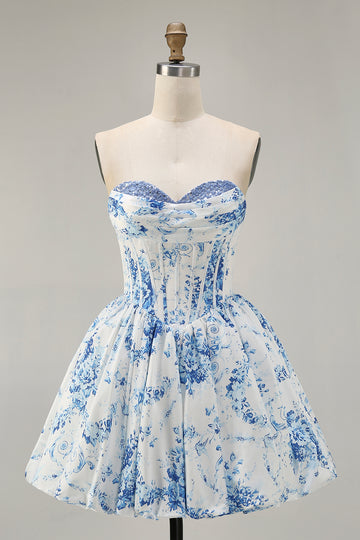 Strapless White Blue Flower A-Line Printed Homecoming Dress with Beading