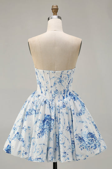 Strapless White Blue Flower A-Line Printed Homecoming Dress with Beading