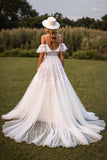 White Cold Shoulder Ruffled A Line Wedding Dress with Applique