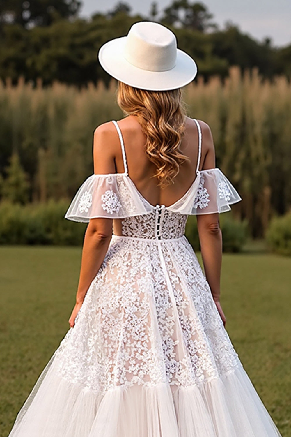 White Cold Shoulder Ruffled A Line Wedding Dress with Applique