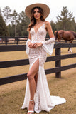 White Deep V Neck Mermaid Lace Wedding Dress with Slit