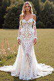 Mermaid Cold Shoulder Lace White Sweep Train Wedding Dress