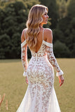 Mermaid Cold Shoulder Lace White Sweep Train Wedding Dress
