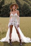White Cold Shoulder High Low Wedding Dress with Lace