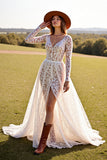 White Lace A Line Western Wedding Dress with Long Sleeves