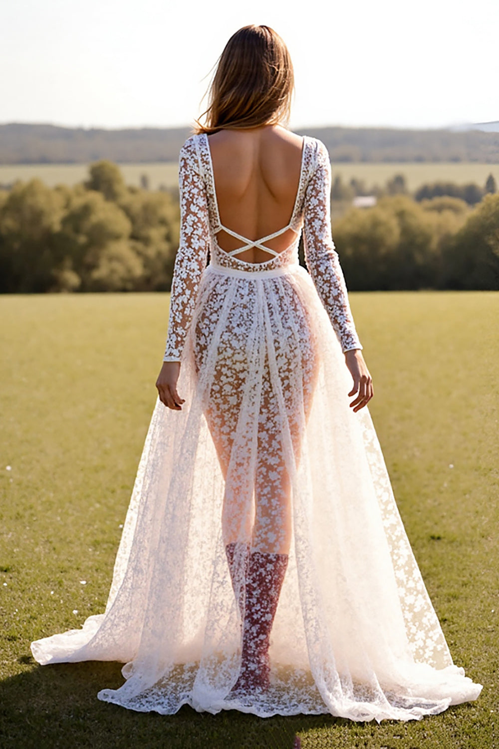 White Lace A Line Western Wedding Dress with Long Sleeves