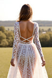 White Lace A Line Western Wedding Dress with Long Sleeves