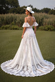 White Lace A Line Sweep Train Wedding Dress