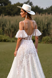 White Lace A Line Sweep Train Wedding Dress