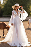 White A Line Flutter Sleeves Wedding Dress with Lace