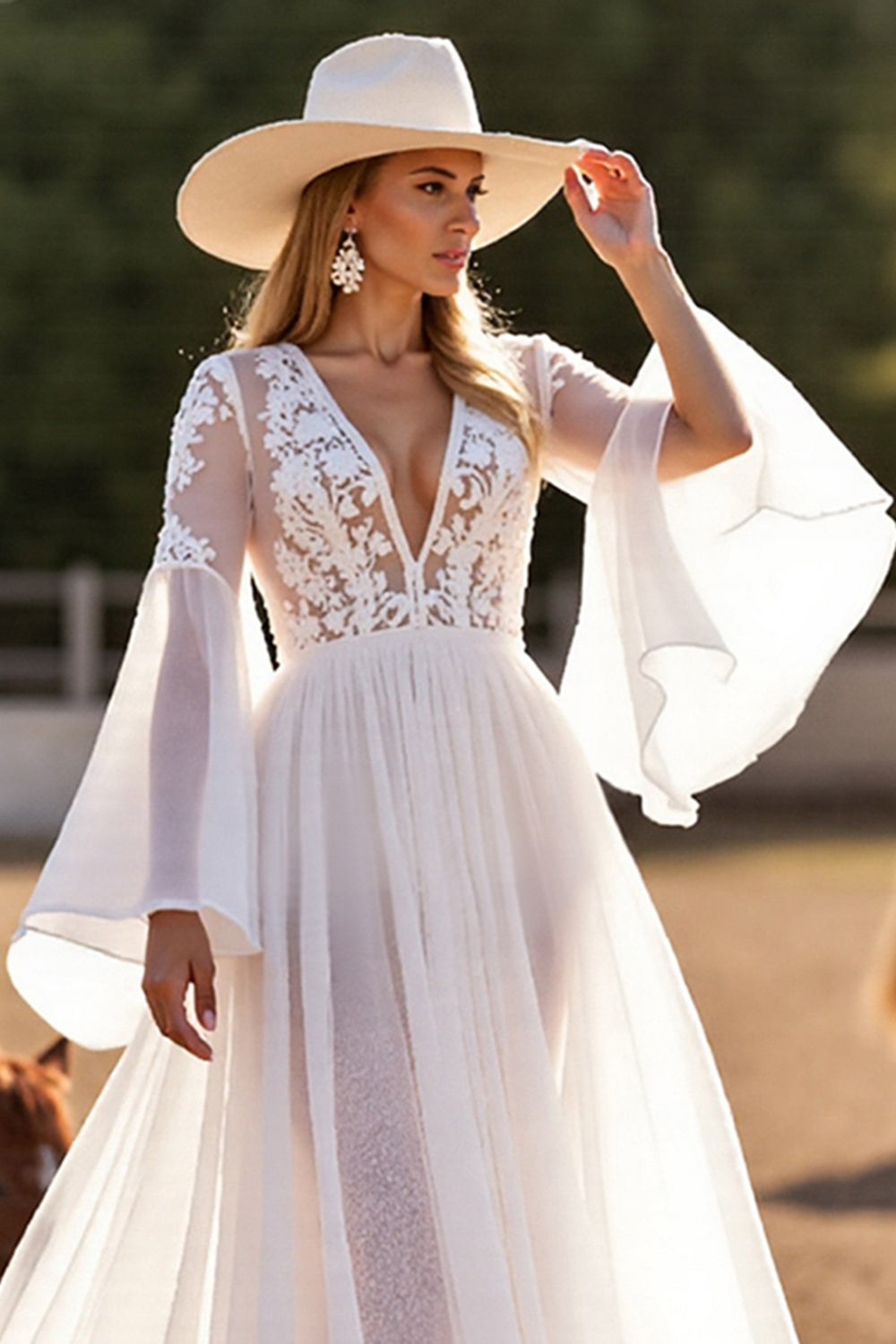 White A Line Flutter Sleeves Wedding Dress with Lace