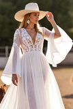 White A Line Flutter Sleeves Wedding Dress with Lace