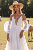 White Deep V Neck A Line Chiffon Sweep Train Wedding Dress