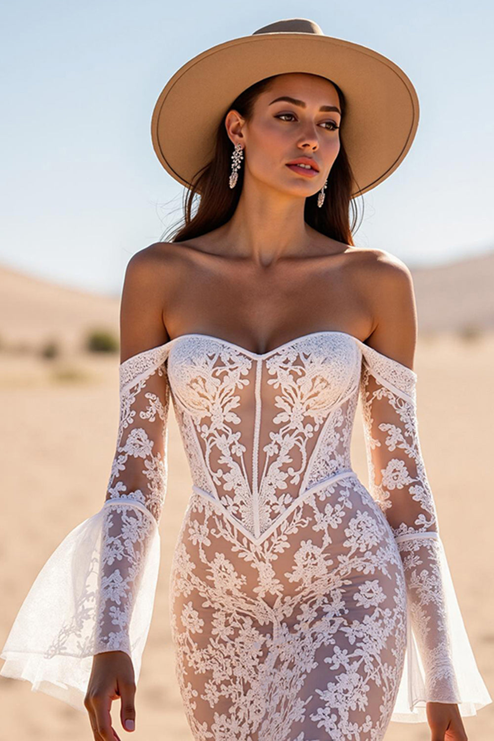 White Mermaid Off the Shoulder Lace Western Wedding Dress