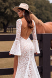 White Lace Mermaid Western Wedding Dress with High Slit
